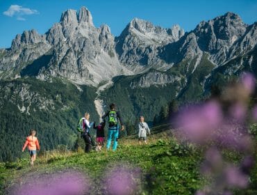 Five walkers trek a grassy path in Filzmoos, with tall mountains and purple wildflowers in the background.