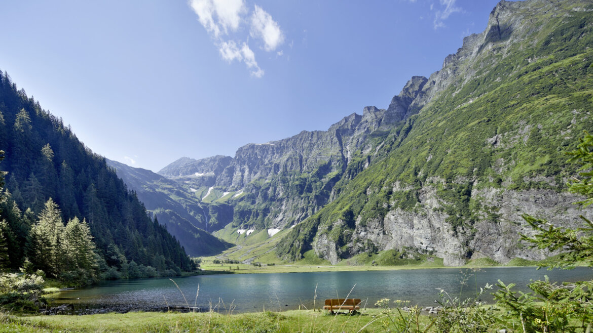 Hintersee©Michael Huber A wooden bench faces a clear lake in National Park Hohe Tauern, ringed by forested mountains and blue sky. (Enlarged view)