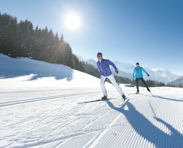 Two cross-country skier skating in the sun