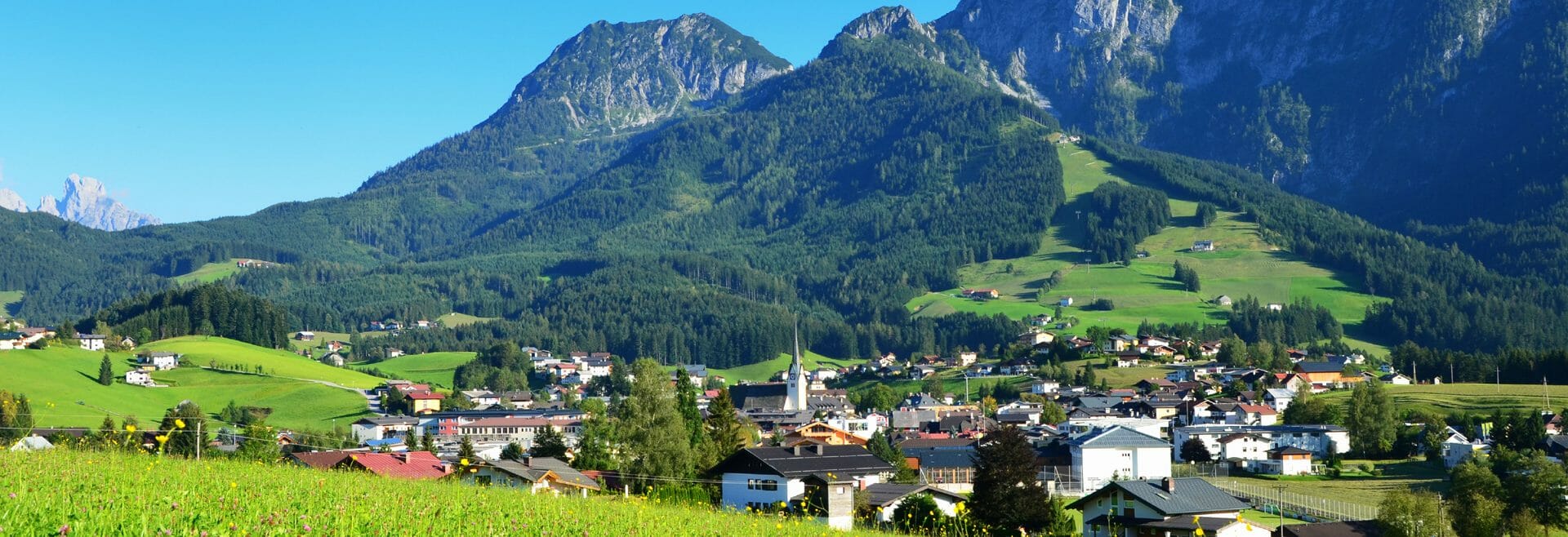 Blick auf Abtenau, grüne Wiese im Vordergrund, bewaldete Berge im Hintergrund