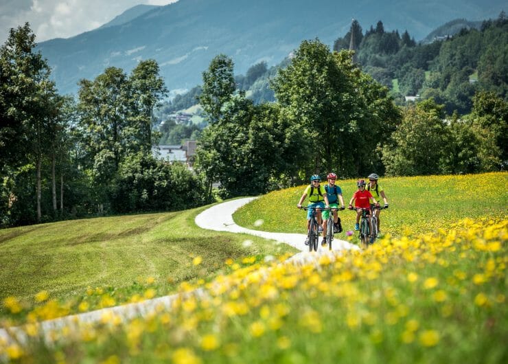 A family on bikes in the landscape of SalzburgerLand