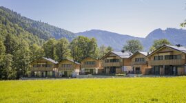 Row of modern wooden alpine huts with large windows, set in a green meadow before forested mountains.