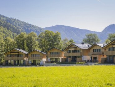 Row of modern wooden alpine huts with large windows, set in a green meadow before forested mountains.
