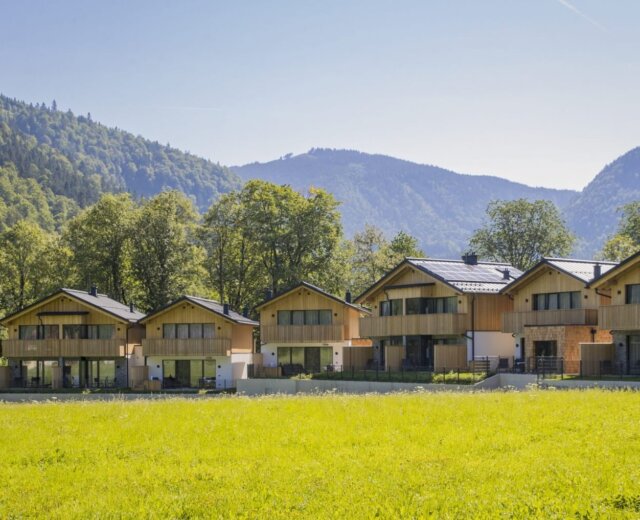 Row of modern wooden alpine huts with large windows, set in a green meadow before forested mountains.