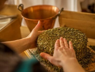 kulinarik-kaese-kraeuter a hand preparing food