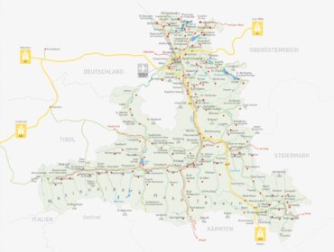 Map of Salzburg region, Austria—your guide for a journey to SalzburgerLand, showing roads, towns, and borders.
