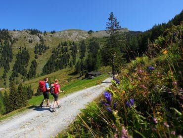 a couple walking down the side of a road