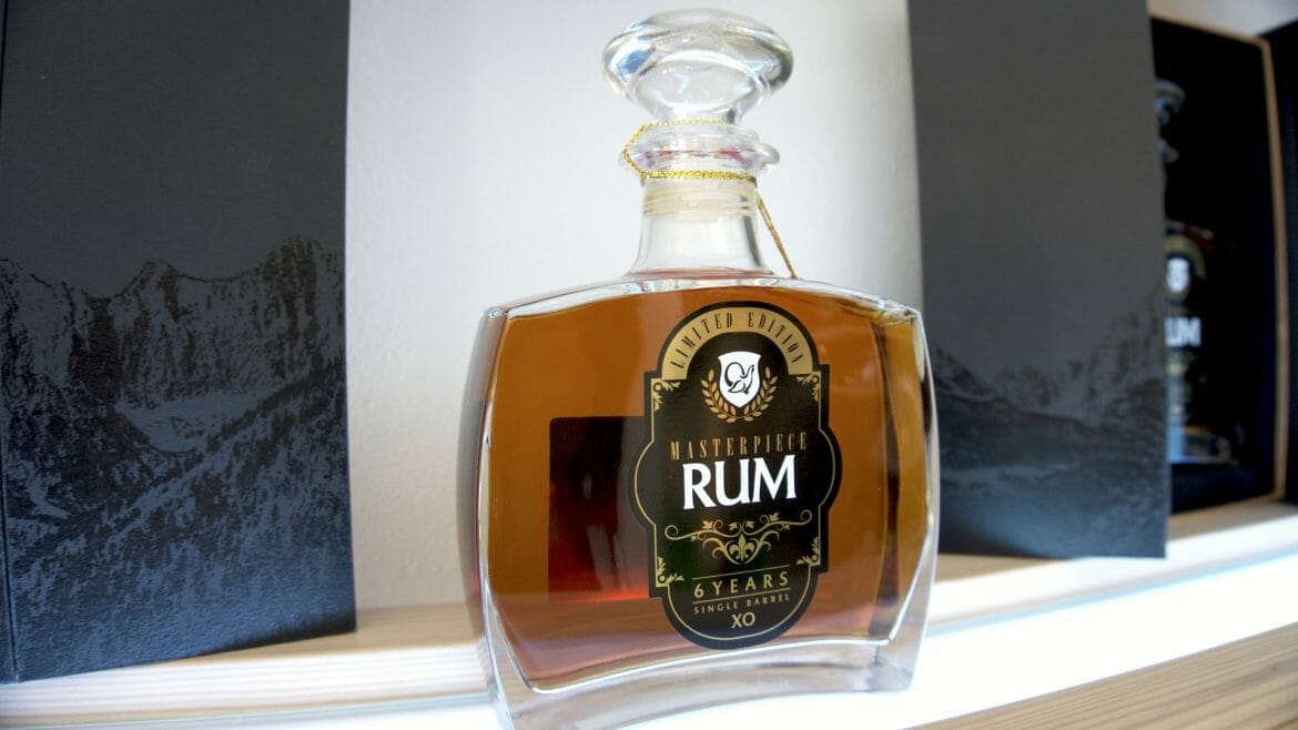 a close up of a bottle of Rum on a table