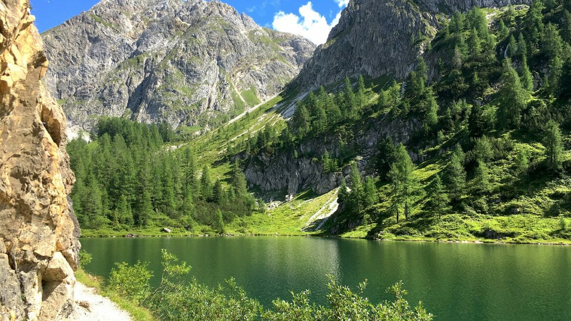 a lake surrounded by green trees and a mountain in the background
