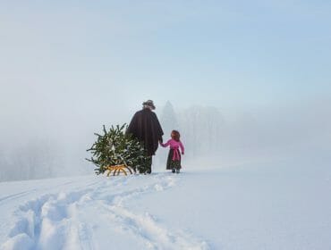 Christbaum holen An adult and child walk in snow, pulling a small Christmas tree on a sledge through a wintry landscape.