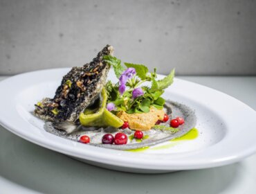 A gourmet Alpine Cuisine dish with black crispy cracker, herbs, red berries, and edible flowers on a white plate.