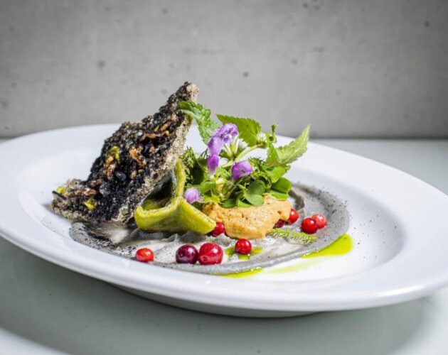 Alpine Küche im SalzburgerLand A gourmet Alpine Cuisine dish with black crispy cracker, herbs, red berries, and edible flowers on a white plate.