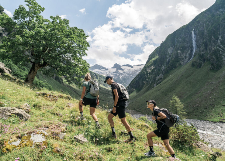 Wildkogelarena Sommer Three people hike up a grassy hill in a mountain valley with trees and a distant waterfall under a cloudy sky.