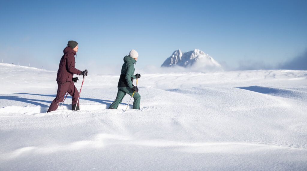 (c) danielel breuer Two people snowshoeing across a snowy field with a mountain in the background under a clear blue sky. (Enlarged view)