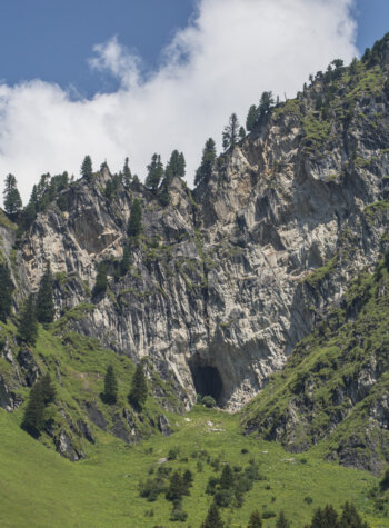 Rocky green mountain with pine trees, a cave entrance, and blue sky.