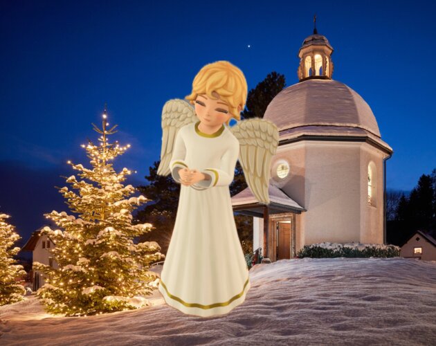 Augmented reality angel in front of the Silent Night Chapel in Oberndorf