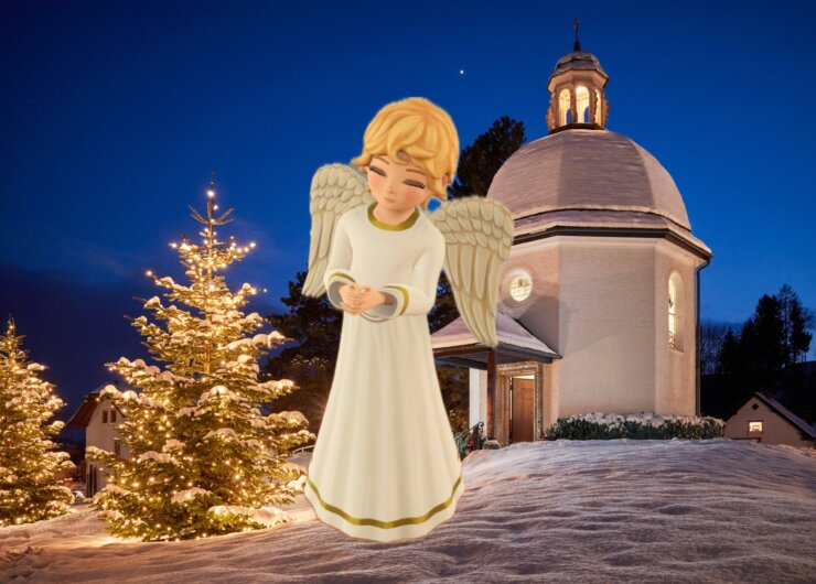 AR Engerl vor Kapelle_vorne Augmented reality angel in front of the Silent Night Chapel in Oberndorf