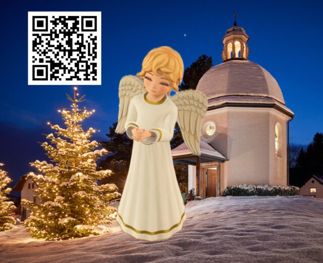 AR Engerl vor Kapelle_vorne_QR-Code-Kapelle An augmented reality angel in front of the Silent Night Chapel in Oberndorf
