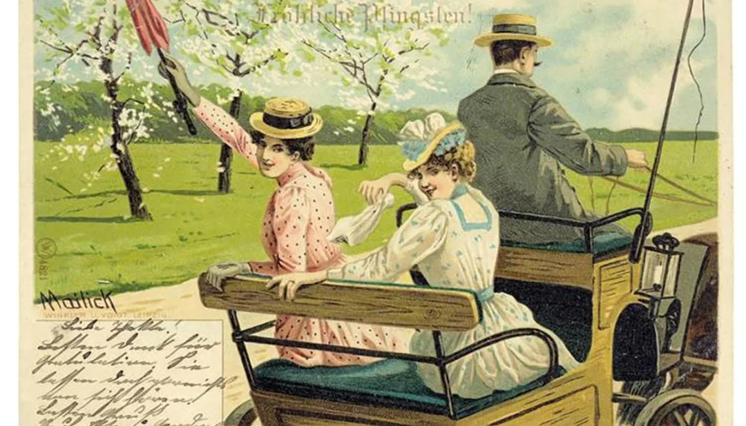 Bon Voyage (c) Alfred Mailick Winkler und Voigt, Leipzig Privatsammlung Two women and a man in vintage clothing ride in an old car at the Whitsun Festival; one waves a red umbrella. (Enlarged view)