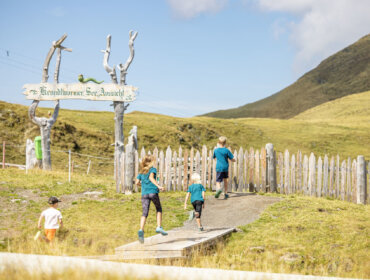 Four children run up a path towards a wooden fence and sign in a sunny, grassy mountain landscape.