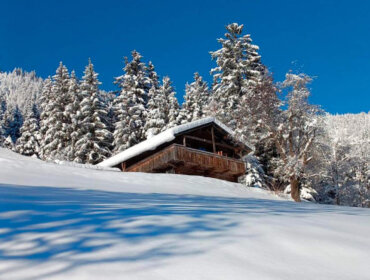 Almlieslhütte_Mittersill_Winter A wooden cabin sits on a snowy hill, surrounded by snow-covered pine trees under a clear blue sky.