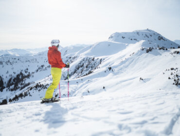 A skier in bright kit stands on a snowy mountain slope, overlooking the surrounding snow-covered peaks.