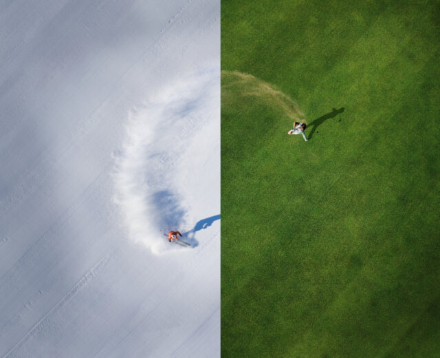 Aerial split of a skier on snow and a golfer on grass, each in their respective half of the image.