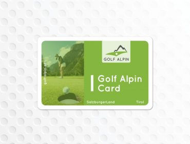 A Golf Alpin Card egy hegyi logót, egy golfozó képét és a SalzburgerLand és Tirol golf szövegét tartalmazza fehér textúrán.