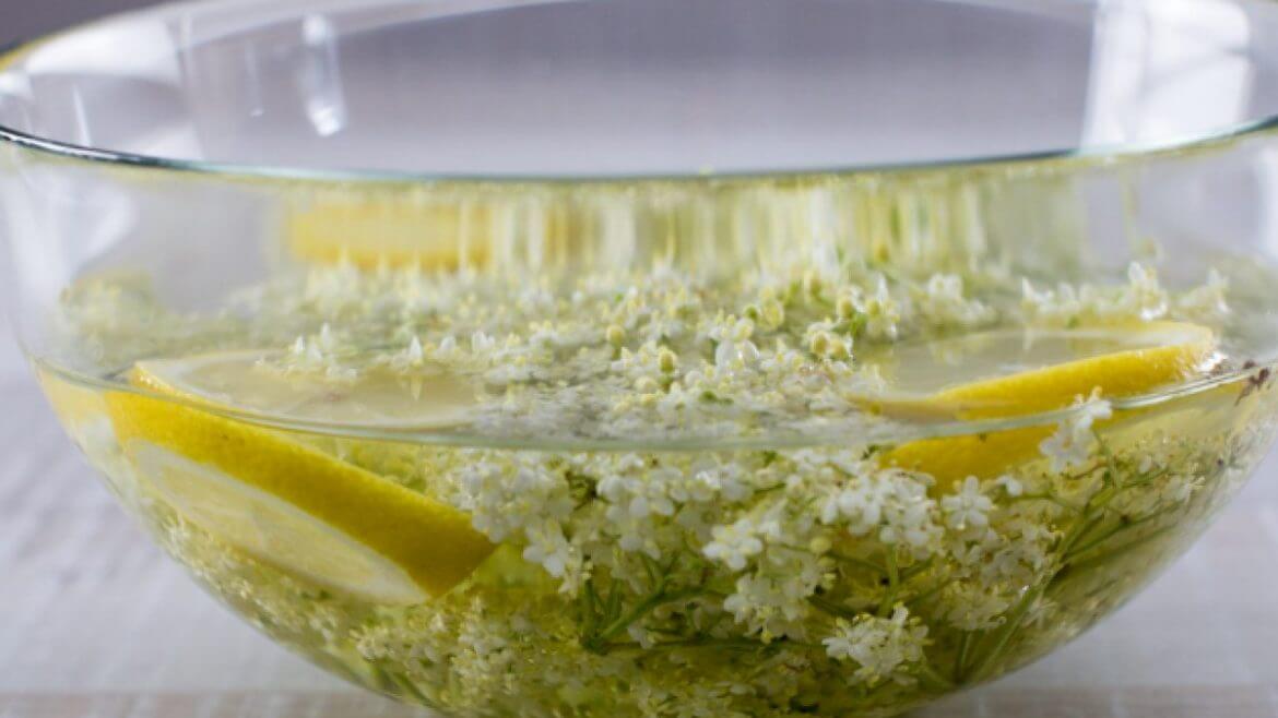 Holunderbluten-und-Zitrone-mit-Wasser,Vízbe áztatott bodzavirág citrommal