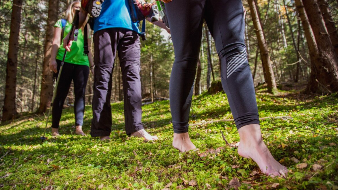 Három ember mezítláb sétál a buja salzburgi Lungau-ban erdőben, önmagam.lehetek. (Nagyított nézet)