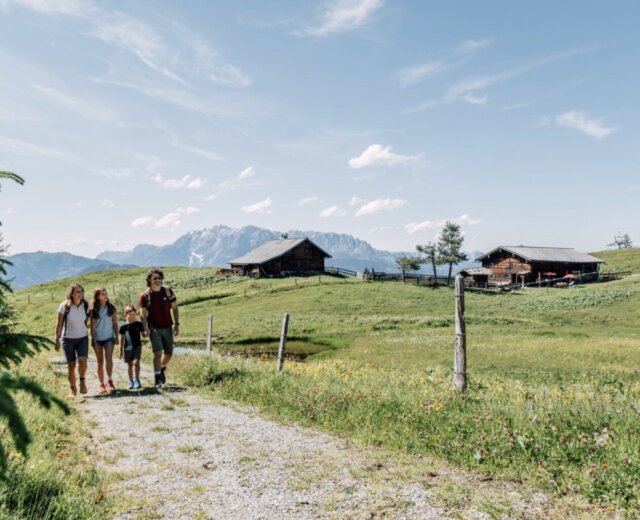 Négy ember sétál egy vidéki úton - zöld mezők, faházak, hegyek - egy családi üdülés St. Johann Salzburgban.