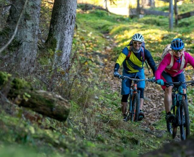 Mountainbike-os túrázók a gasteini erdőben