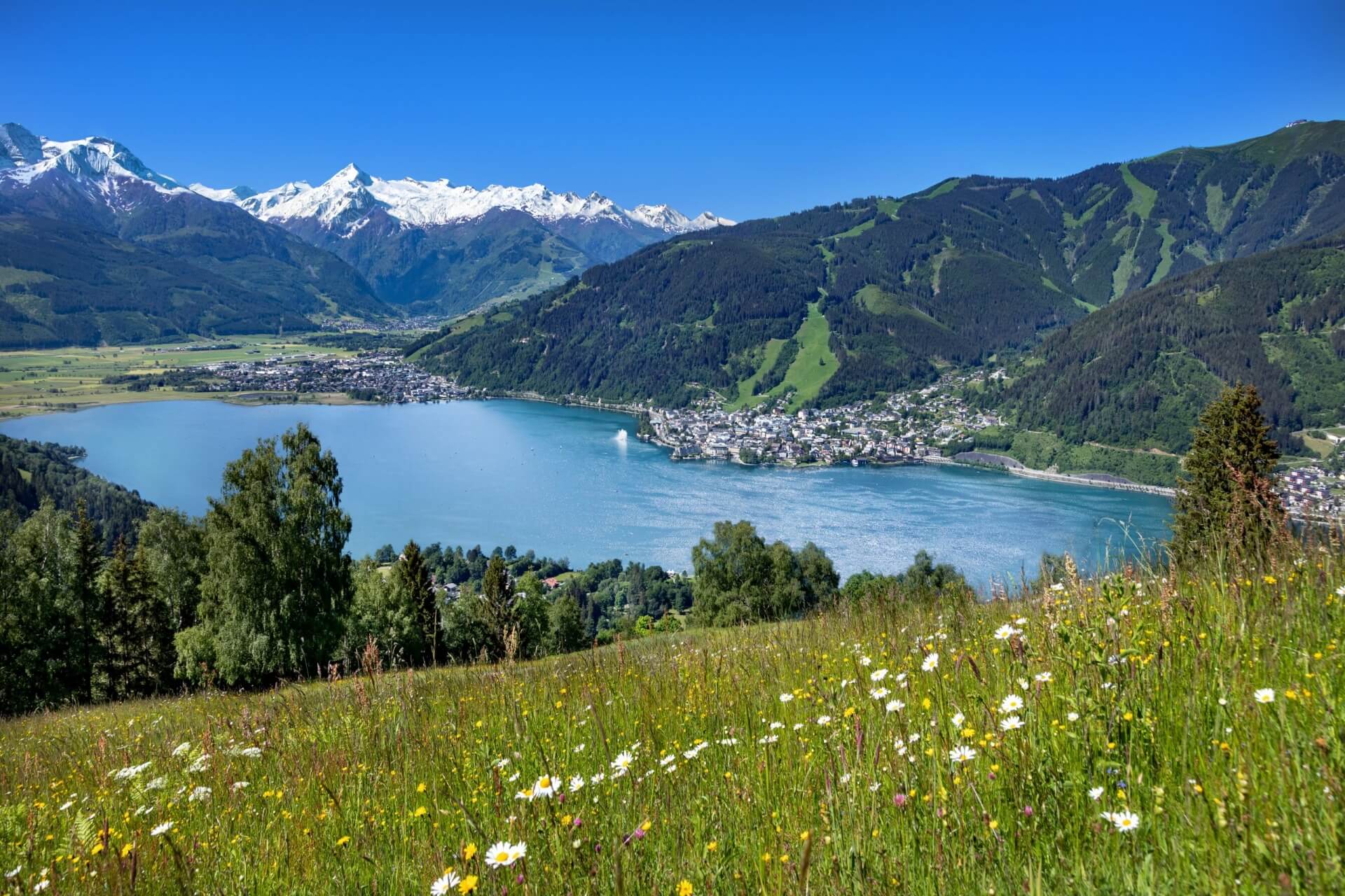 Lago con una città sulla riva, immerso nelle verdi colline di Zell am See-Kaprun e nelle cime innevate delle montagne.