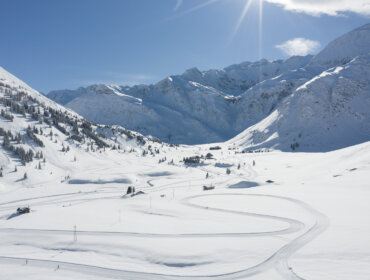 Paesaggio montano innevato con piste da sci tortuose, alberi sparsi e luce solare intensa in una giornata limpida.