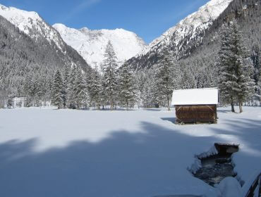 lungau-lessachtal-winter Paesaggio innevato con alberi di pino, una capanna di legno e montagne sullo sfondo sotto un cielo azzurro e limpido.