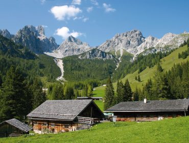 Due capanne di legno su un prato verde con pini e montagne rocciose sotto un cielo azzurro.
