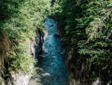 Un fiume scorre attraverso una stretta gola rocciosa circondata da alberi verdeggianti sotto un cielo azzurro.