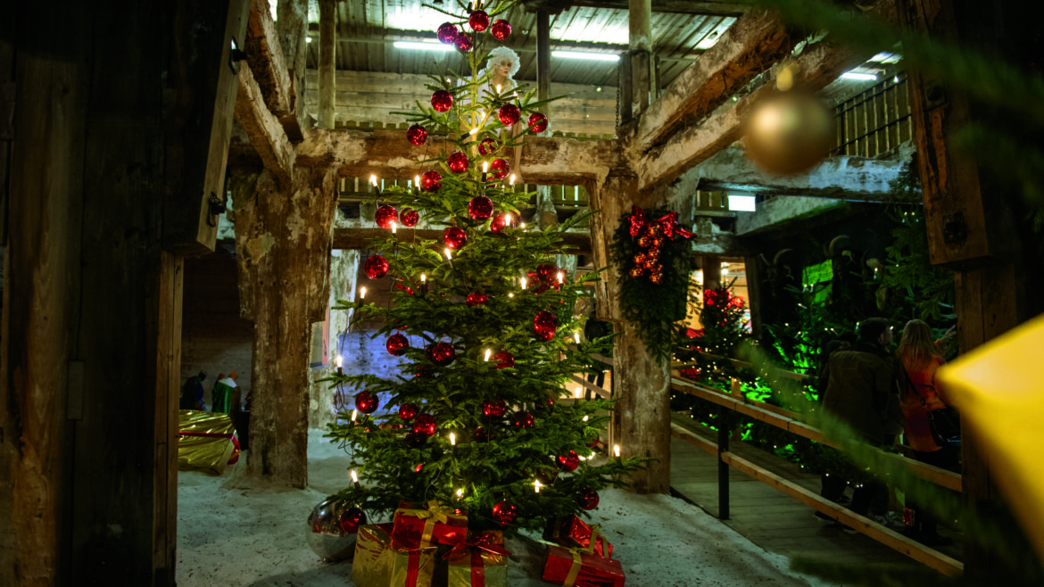 Un maestoso albero di Natale decorato con grandi sfere rosse illumina l’interno dell’Antica Salina di Hallein, tra antiche travi in legno e un’atmosfera natalizia unica © Weihnachtsmarkt Hallein, Adi Aschauer Albero di Natale decorato con sfere rosse nell’Antica Salina di Hallein (Vista ingrandita)