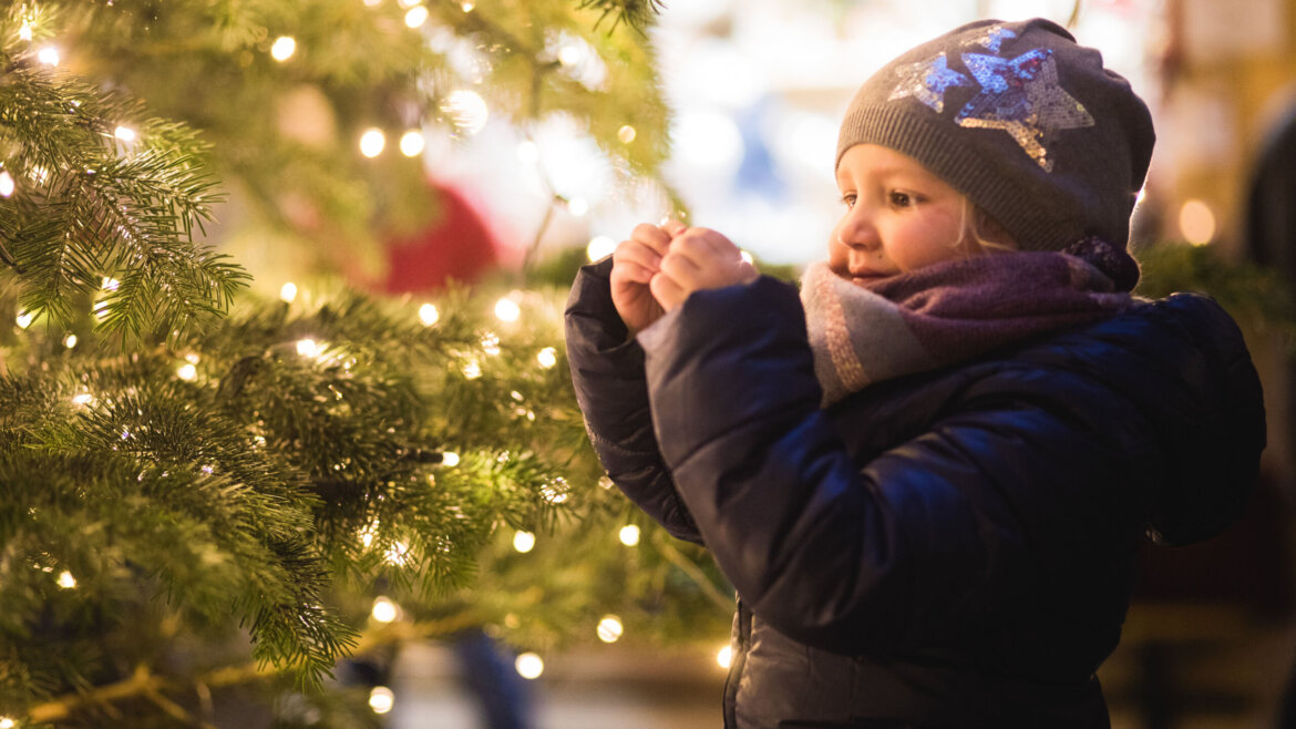 Bambina che gioca con le luci dell’albero di Natale nel Castello di Mauterndorf nel Lungau salisburghese (Vista ingrandita)