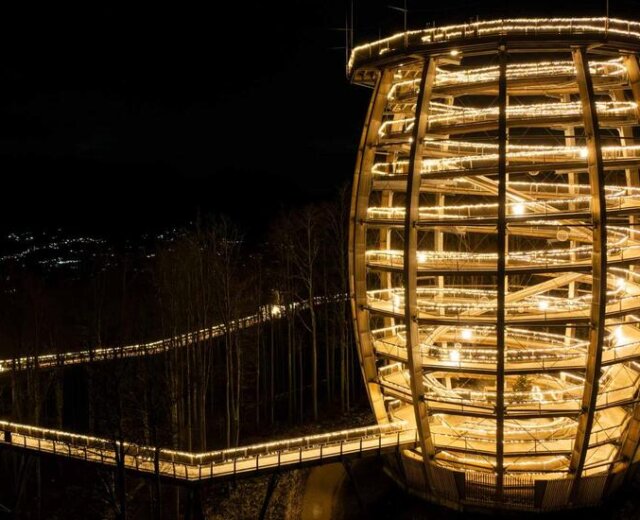 Magia di luci sul Grünberg a Gmunden che illumina la passeggiata tra le cime degli alberi