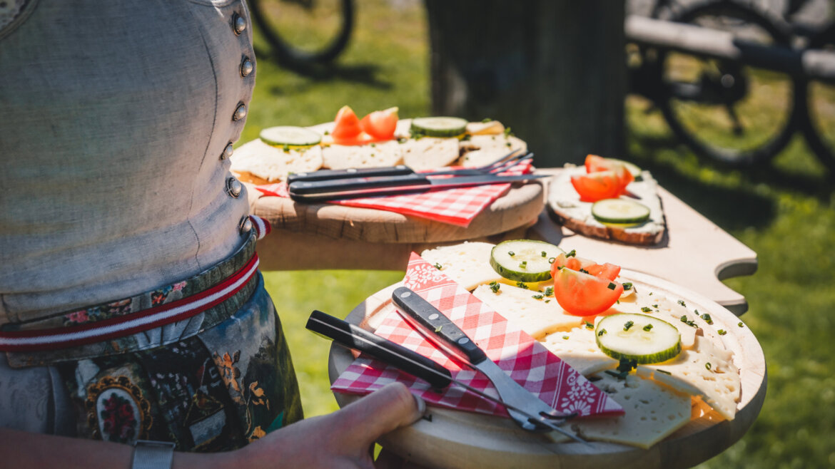 Persona che tiene in mano tavole di legno con formaggio, pane, cetrioli e pomodori a fette su tovaglioli a quadretti rossi all'aperto. (Vista ingrandita)
