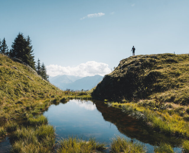 Persona in piedi su una collina erbosa che si affaccia su un piccolo stagno con montagne e alberi sullo sfondo.