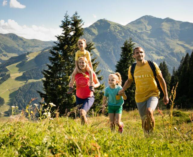 Een familie wandelt over een bergweide
