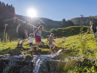 Een gezin geniet van buitenactiviteiten, samen wandelend over een zonovergoten beek in een grasachtig berglandschap.