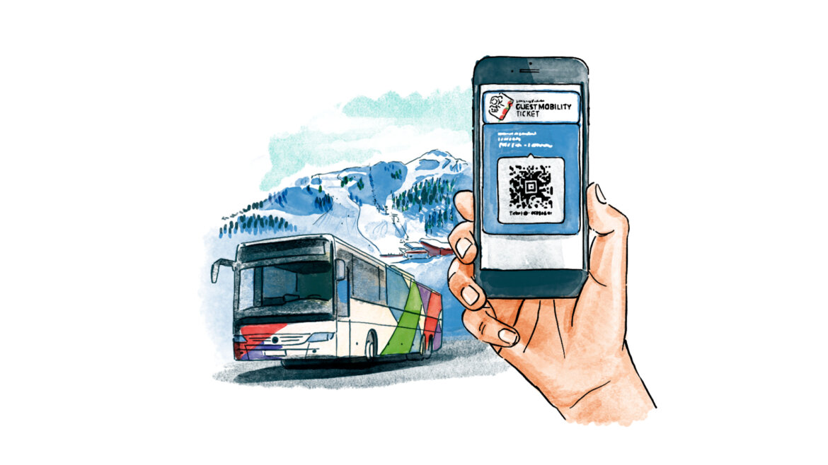 Illustration Guest Mobility Ticket mit QR-Code Scan und einem Linienbus