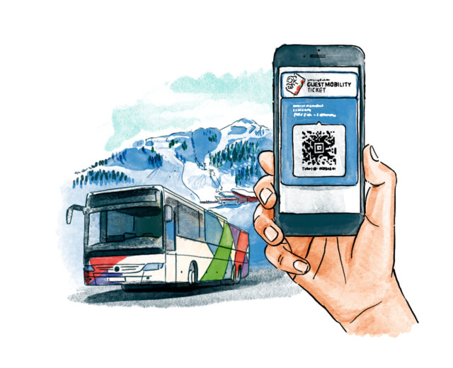 Een hand houdt een telefoon vast met een QR code ticket; een bus en winterse bergen op de achtergrond.
