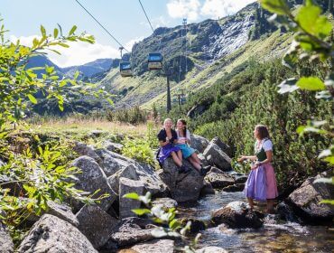 Een groep vrouwen zittend op rotsen in een rivier bij Uttendorf Weißsee.