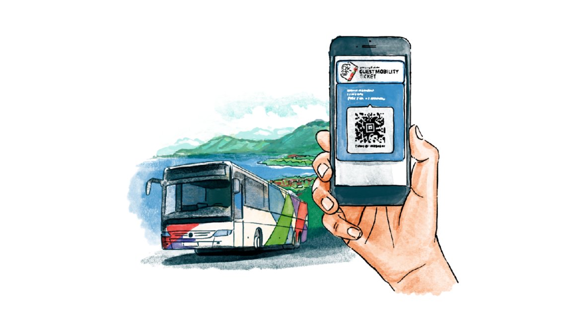Hand die een telefoon vasthoudt met een QR code ticket, met een bus en een schilderachtige achtergrond erachter.