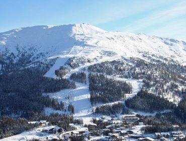 Besneeuwde berg met skipistes en pijnbomen, boven een klein dorpje op een heldere, zonnige dag.