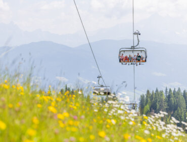 Mensen rijden met een skilift over een weiland met gele bloemen, bergen en bomen op de achtergrond.